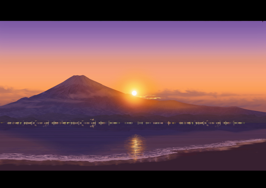 absurdres cloud gradient_sky highres lake mount_fuji no_humans orange_sky original outdoors purple_sky scenery sky sumassha_t_t sunset water