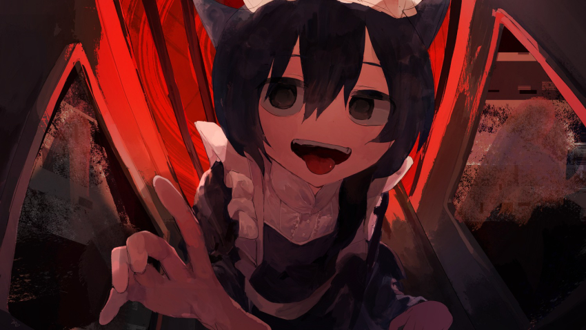 1girl animal_ears apron brown_eyes cat_ears chikyuu_no_ura_(cevio) dress elevator_door frilled_apron frills hair_between_eyes hair_over_shoulder long_sleeves maid maid_apron maid_headdress medium_hair open_mouth pinosan reaching reaching_towards_viewer red_background red_theme smile solo tongue tongue_out