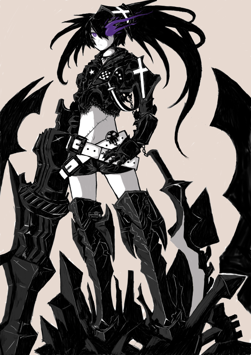 1girl absurdres armor belt belt_skirt black_belt black_hair black_rock_shooter chain fire flaming_eye gauntlets greaves highres huge_weapon insane_black_rock_shooter long_hair loose_belt mrnn pale_skin purple_eyes purple_fire scar shorts stitches twintails uneven_twintails weapon
