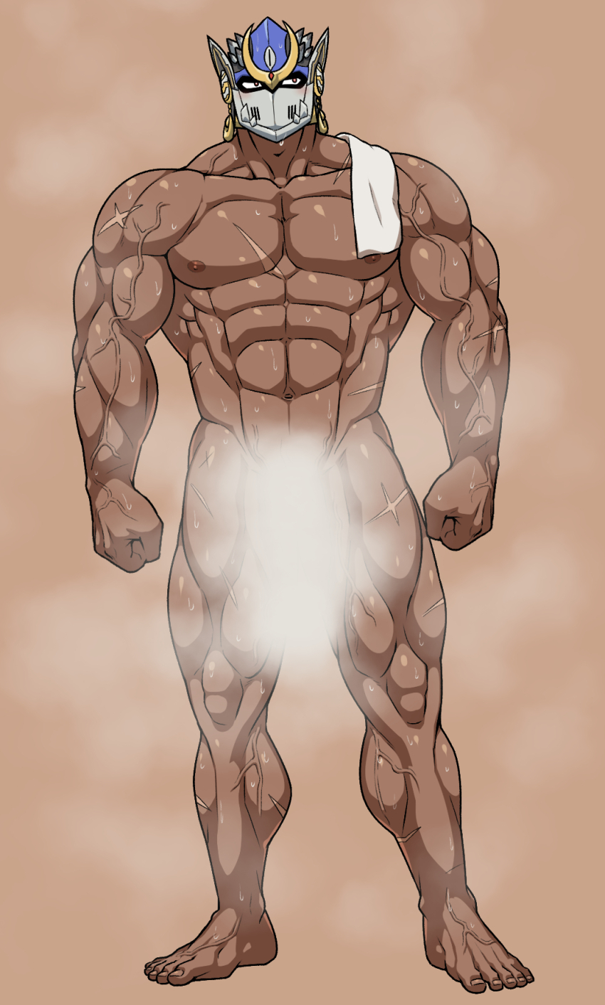 1boy abs arms_at_sides averting_eyes bara bare_legs barefoot completely_nude convenient_censoring cross_scar dark-skinned_male dark_skin earrings edamamego full_body groin helmet highres jewelry large_pectorals male_focus muscular muscular_arms muscular_legs muscular_male navel nipples nude pectorals scar scar_on_arm scar_on_chest scar_on_leg scar_on_stomach shiva_(housamo) simple_background solo standing steam steam_censor sweat thick_neck thighs tokyo_houkago_summoners towel_on_one_shoulder variant_set veins veiny_arms veiny_crotch veiny_feet veiny_hands veiny_legs