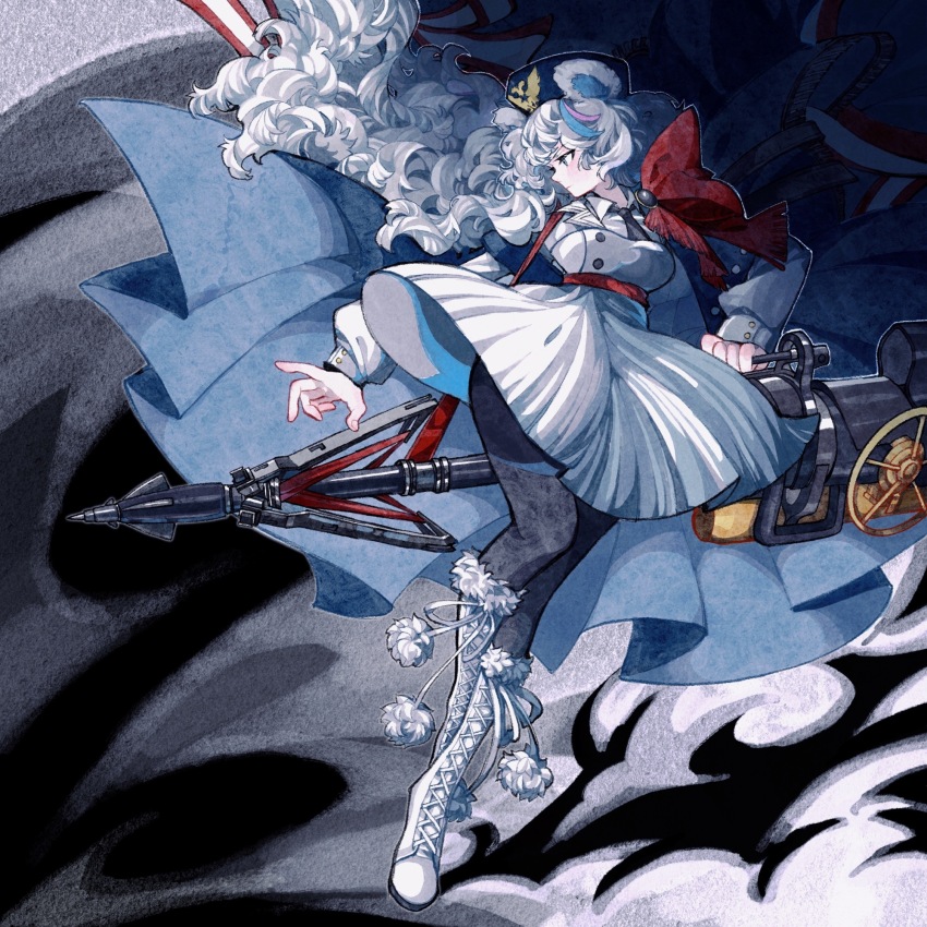 1girl animal_ears applemartini arknights bear_ears black_necktie black_pantyhose blue_cape blue_eyes boots cape chinese_commentary collared_dress commentary dress dust_cloud floating_hair full_body fur-trimmed_boots fur_hat fur_trim harpoon harpoon_gun hat highres holding holding_weapon huge_weapon knee_boots long_hair looking_to_the_side necktie pantyhose profile puffy_sleeves rosa_(arknights) short_necktie solo underbust ushanka valve very_long_hair weapon white_boots white_dress white_hair