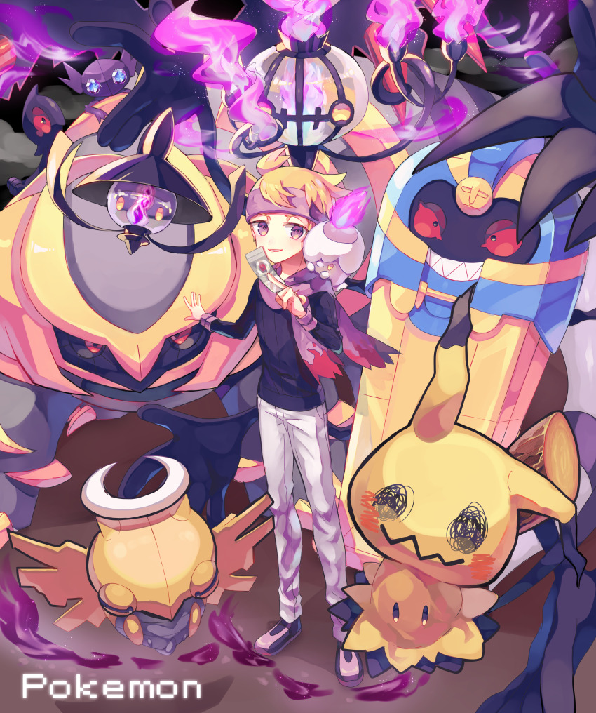 1boy absurdres black_footwear blonde_hair chandelure cofagrigus fire full_body gen_3_pokemon gen_4_pokemon gen_5_pokemon giratina headband highres holding_ofuda lampent legendary_pokemon light_particles litwick looking_at_viewer morty_(pokemon) nagatsukiariake nintendo pants parted_lips pokemon pokemon_(creature) pokemon_hgss purple_eyes purple_fire purple_headband sableye shedinja white_pants yamask