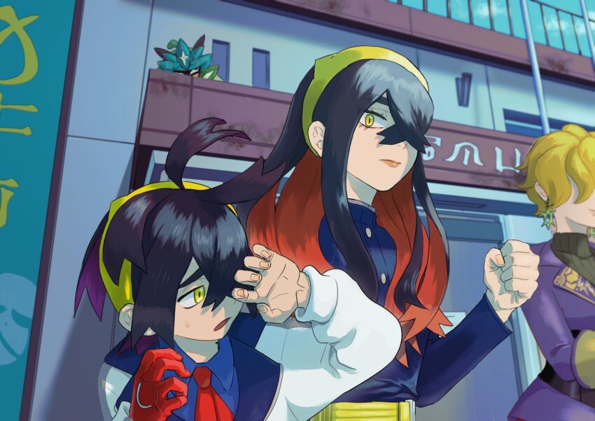 1boy 2girls black_hair blonde_hair blue_jacket blue_shirt briar_(pokemon) carmine_(pokemon) clenched_hand closed_mouth collared_shirt commentary_request crossed_bangs day earrings gloves hair_between_eyes hairband highres jacket jewelry kieran_(pokemon) lips long_sleeves multicolored_hair multiple_girls nintendo ogerpon one_(brs) open_mouth outdoors pokemon pokemon_(creature) pokemon_sv purple_hair red_gloves red_hair shirt single_glove sweat white_jacket yellow_eyes yellow_hairband