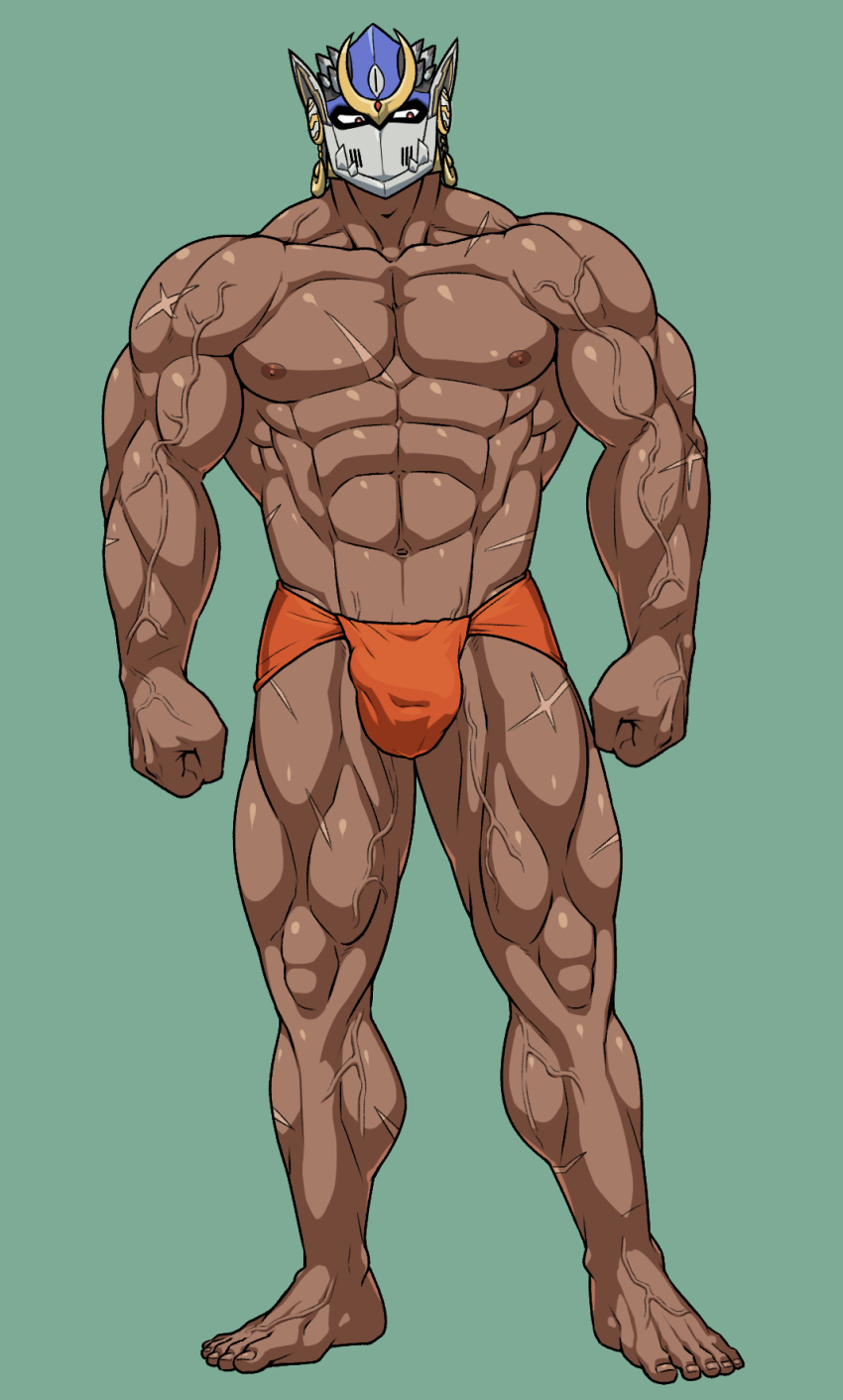 1boy abs arms_at_sides averting_eyes bara bare_legs barefoot bulge cross_scar dark-skinned_male dark_skin earrings edamamego full_body green_background groin helmet highres jewelry large_pectorals male_focus male_underwear muscular muscular_arms muscular_legs muscular_male navel nipples pectorals red_male_underwear scar scar_on_arm scar_on_chest scar_on_leg scar_on_stomach shiva_(housamo) simple_background solo standing thick_neck thighs tokyo_houkago_summoners topless_male underwear variant_set veins veiny_arms veiny_crotch veiny_feet veiny_hands veiny_legs