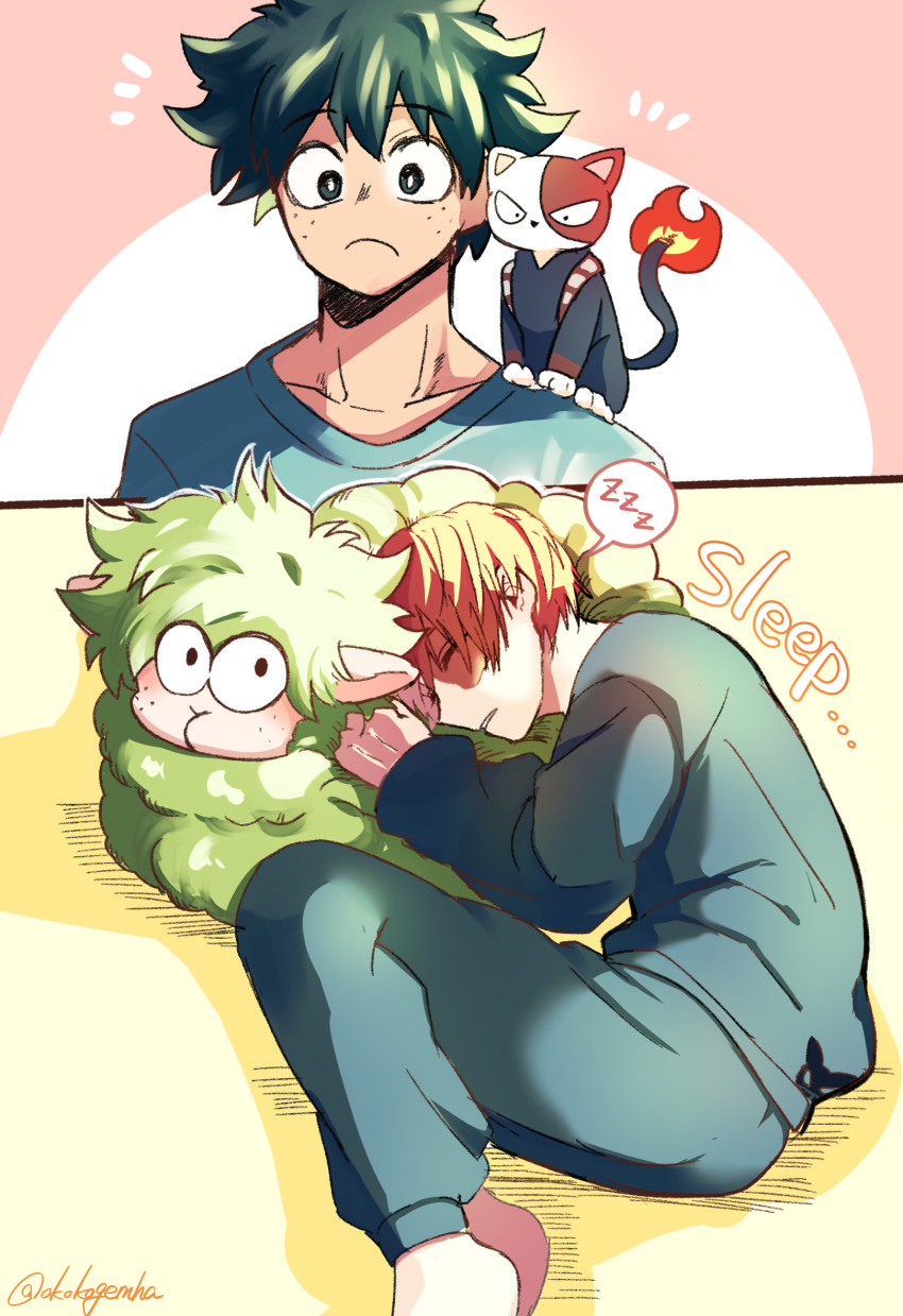2boys boku_no_hero_academia bones_(company) burn_scar cat curly_hair dekusheep freckles green_hair highres looking_at_another messy_hair midoriya_izuku multicolored_hair multiple_boys pajamas red_hair scar sheep short_hair shounen_jump shoutocat sleeping tododeku todoroki_shouto two-tone_fur two-tone_hair white_hair wool yaoi