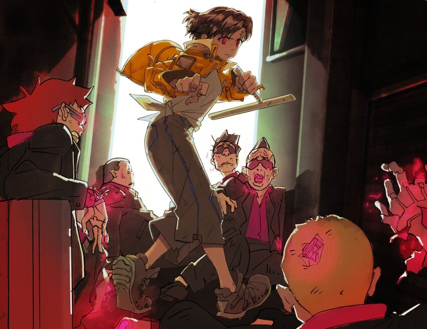 1girl 5boys brown_hair brown_pants cyborg fighting highres holding holding_weapon jacket mafia multiple_boys original pants science_fiction steve_ahn sunglasses tonfa weapon yellow_jacket
