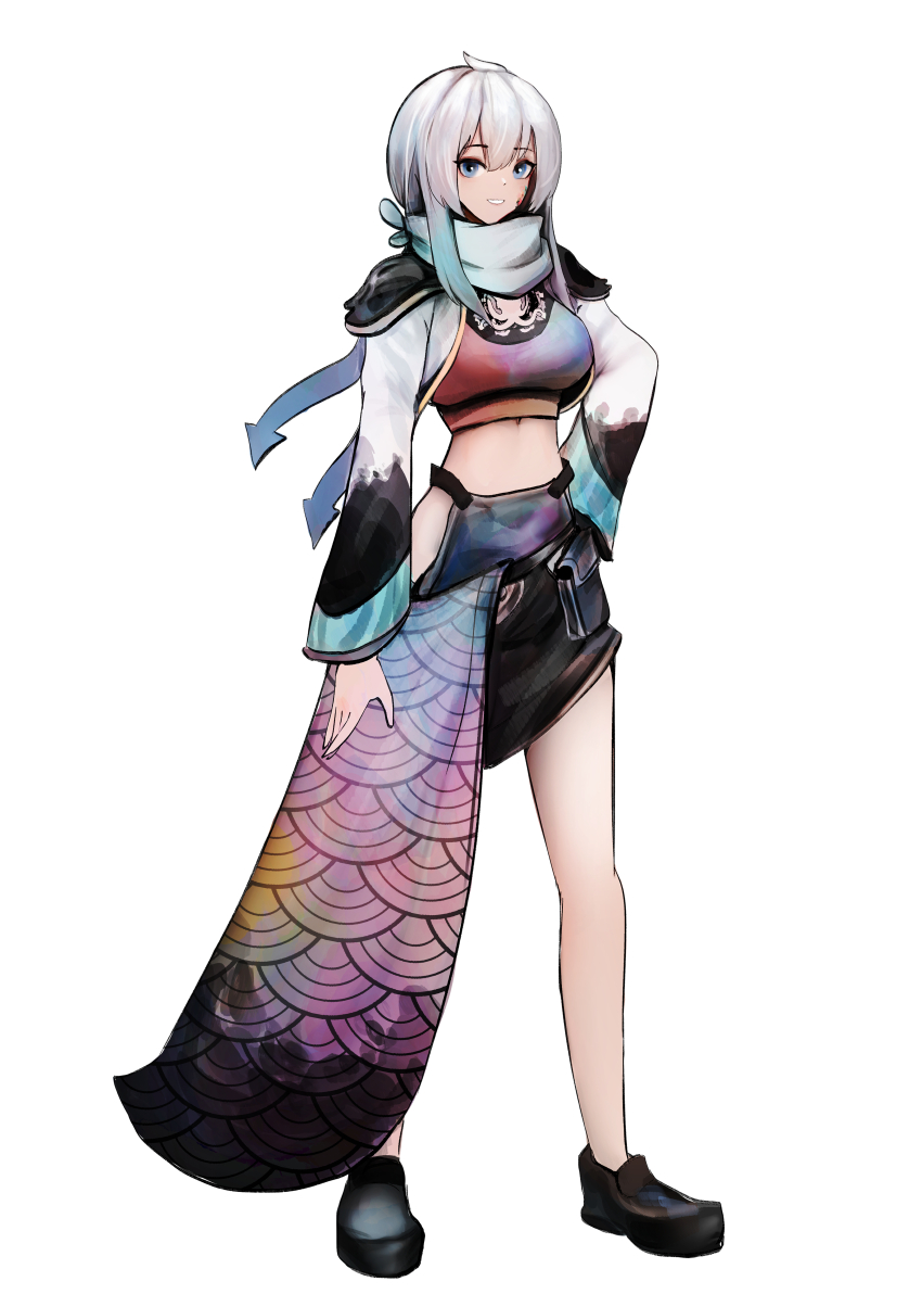 absurdres ahoge alternate_costume blue_eyes chumu_(teuthidan) commission commissioner_upload grey_hair hand_on_own_hip highres looking_at_viewer midriff_peek original scarf simple_background single_bare_leg smile tentacle_hair wawamachi white_background