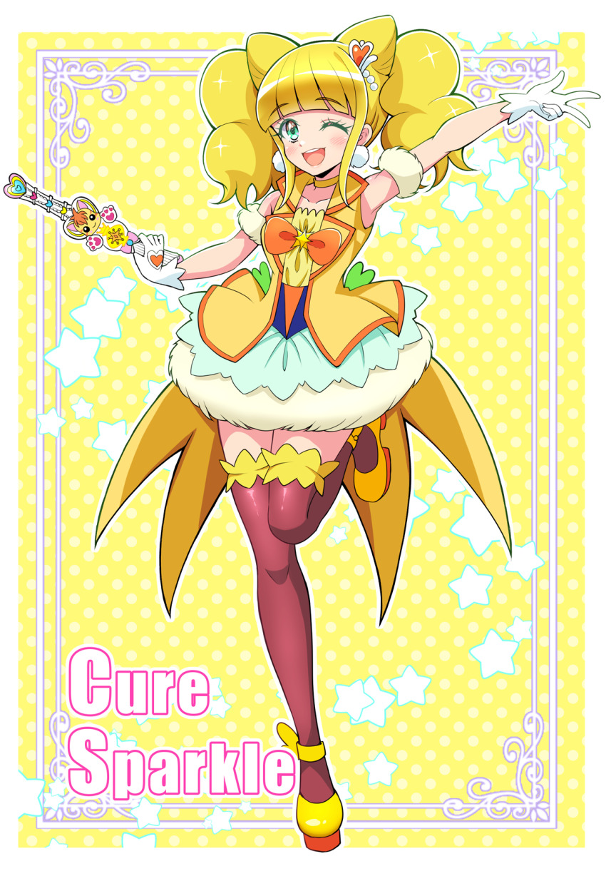 1girl aqua_eyes arm_up blunt_bangs blush bubble_skirt character_name choker coattails commentary cone_hair_bun cure_sparkle earrings english_text full_body gloves hair_bun hair_ornament healin&#039;_good_precure healing_animal healing_wand heart heart_hair_ornament highres hiramitsu_hinata holding holding_wand jewelry kaatsu_katsurou leg_up looking_at_viewer magical_girl medium_hair miniskirt nyatoran_(precure) one_eye_closed open_mouth pom_pom_(clothes) pom_pom_earrings precure red_thighhighs shoes skirt smile solo standing standing_on_one_leg thighhighs twintails v vest wand white_gloves yellow_background yellow_choker yellow_shoes yellow_vest