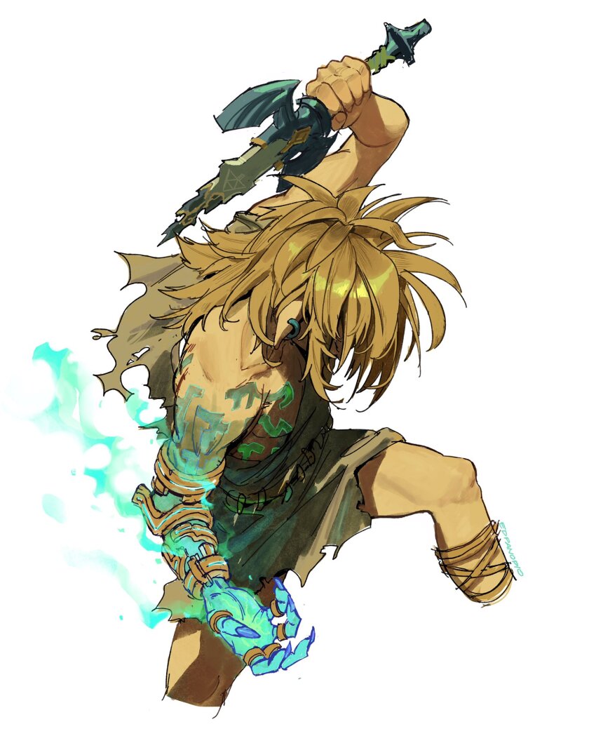 1boy archaic_set_(zelda) blonde_hair broken broken_sword broken_weapon cropped_legs earrings edpan glowing highres holding holding_sword holding_weapon jewelry link long_hair male_focus master_sword nintendo pointy_ears ring shoulder_tattoo simple_background single_bare_shoulder solo sword tattoo the_legend_of_zelda the_legend_of_zelda:_tears_of_the_kingdom torn_tunic tunic weapon white_background