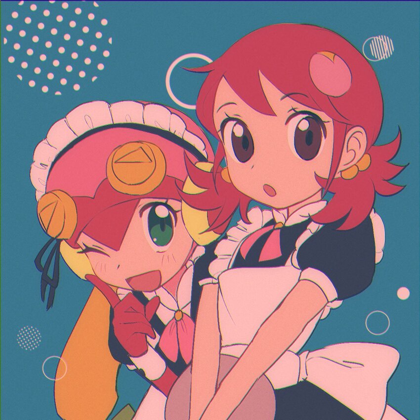2girls black_dress blonde_hair blue_background brown_hair dress green_eyes helmet highres holding holding_tray long_hair maid maid_headdress mayl_sakurai_(mega_man) medium_hair mega_man_(series) mega_man_battle_network_(series) multiple_girls netnavi one_eye_closed pink_helmet red_hair roll.exe_(mega_man) simple_background tray upper_body yama_(toaru_puyopuyo)