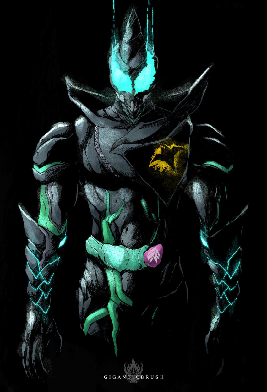 1boy armor bat_(animal) bat_genome black_armor black_wings cropped_legs dark_foreground giganticbrush gloves highres horns kamen_rider kamen_rider_evil kamen_rider_revice male_focus rider_belt shaded_face shadow silver_gloves single_horn splatter splatter_print standing stylistic sword thighs tokusatsu two_sidriver villain_pose weapon wings