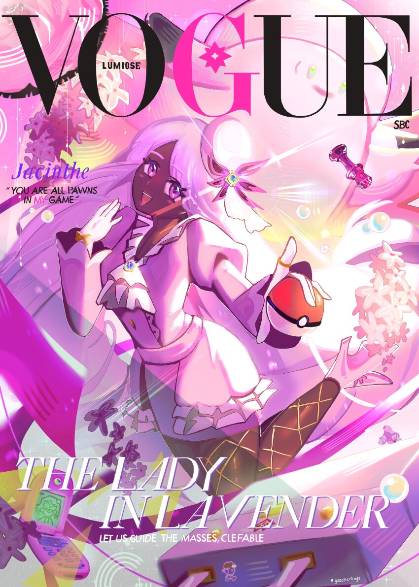 2girls absurdres ascot brooch clefable cover dark-skinned_female dark_skin dress english_text fake_cover fascinator finger_to_cheek frilled_ascot frills gem glazedhersheys glint gloves hair_ornament heart highres holding holding_poke_ball jacinthe_(pokemon) jewelry juliet_sleeves long_hair long_sleeves looking_at_viewer low_drills mega_clefable mega_stone multiple_girls nintendo parted_lips poke_ball poke_ball_(basic) pokemon pokemon_legends:_z-a puffy_sleeves purple_dress purple_eyes purple_hair smile solo very_dark_skin wide_hips