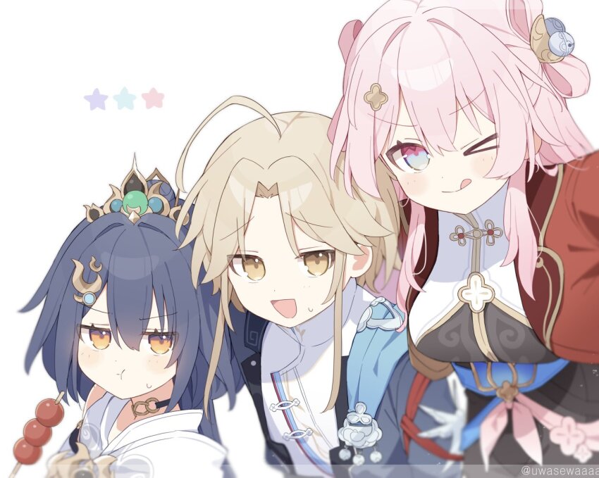 &gt;_o 1boy 2girls :d :q :t ahoge black_hair blonde_hair blue_eyes chinese_clothes choker commentary eating friends headpiece holding holding_skewer honkai:_star_rail honkai_(series) jacket looking_at_viewer low_twintails march_7th_(honkai:_star_rail) march_7th_(hunt)_(honkai:_star_rail) multicolored_eyes multiple_girls one_eye_closed open_mouth pink_eyes pink_hair pink_pupils red_jacket simple_background skewer smile sweatdrop tanghulu tongue tongue_out twintails two-tone_eyes uwasewau white_background yanqing_(honkai:_star_rail) yellow_eyes yunli_(honkai:_star_rail)