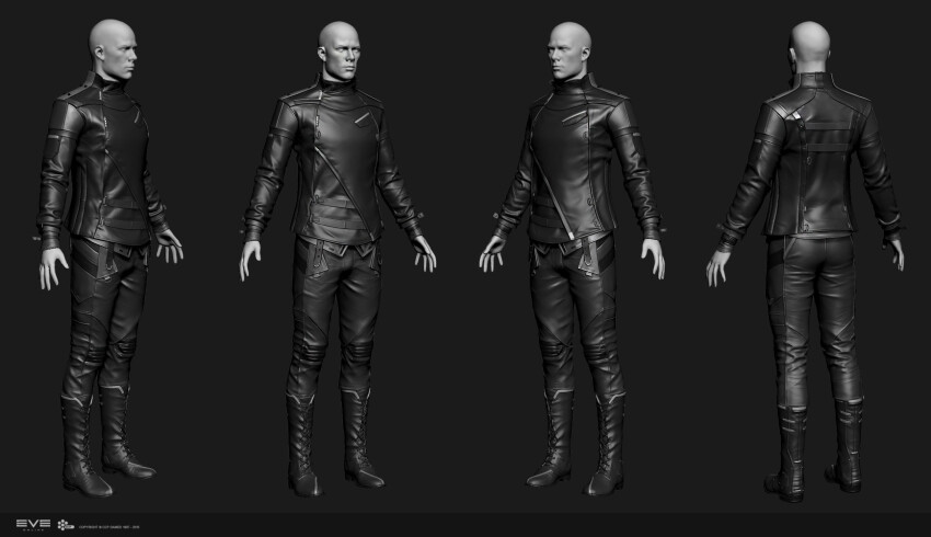 1boy 3d bald belt boots caldari_state_(eve_online) commentary company_logo company_name copyright_logo copyright_name dated eve_online from_behind from_side full_body greyscale guristas_pirates_(eve_online) highres jacket knee_boots leather monochrome multiple_views pants pirate_faction_(eve_online) standing undoz zbrush_(medium)