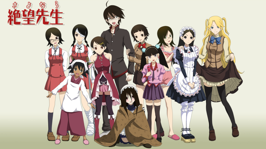 1boy 6+girls ahoge alternate_costume alternate_legwear animal_ears apron araragi_koyomi araragi_koyomi_(cosplay) bad_id bad_pixiv_id bakemonogatari bandage_over_one_eye bandages bare_shoulders black_hair black_legwear blanket blonde_hair blouse blunt_bangs bow braid cast cat_ears cellphone clothes_lift collared_shirt company_connection cosplay crutch dance_in_the_vampire_bund dark_skin dorm_leader dorm_leader_(cosplay) enmaided everyone fujiyoshi_harumi fuura_kafuka glasses gotou_yuuko hair_between_eyes hair_ornament hairclip hat hidamari_sketch highres hiro_(hidamari_sketch) hiro_(hidamari_sketch)_(cosplay) hitou_nami itoshiki_nozomu kamiya_hiroshi kimura_kaere kitsu_chiri kobayashi_yuu kobushi_abiru komori_kiri kouchou lineup long_hair mahou_shoujo_madoka_magica mahou_shoujo_madoka_magica_(anime) maid maid_apron maria_holic matsuki_miyu miniskirt miyamae_kanako miyamae_kanako_(cosplay) mob_cap monogatari_(series) multiple_girls nero_(dance_in_the_vampire_bund) nero_(dance_in_the_vampire_bund)_(cosplay) nonaka_ai otonashi_meru own_hands_together pantyhose parody parted_bangs parted_hair phone pink_shirt pink_slippers sae_(hidamari_sketch) sae_(hidamari_sketch)_(cosplay) saitou_chiwa sakura_kyoko sakura_kyoko_(cosplay) sakura_kyoko_(magical_girl) sanada_asami sawashiro_miyuki sayonara_zetsubou_sensei school_uniform sekiutsu_maria_tarou senjougahara_hitagi senjougahara_hitagi_(cosplay) shaft_(company) shidou_mariya shidou_mariya_(cosplay) shinouji_matsurika shinouji_matsurika_(cosplay) shintani_ryouko shirt short_hair simple_background skirt skirt_hold skirt_lift slippers standing standing_on_one_leg swept_bangs tanii_asuka thighhighs tsunetsuki_matoi twin_braids twintails two_side_up voice_actor_connection white_legwear white_shirt yoshinoya_(hidamari_sketch) yoshinoya_(hidamari_sketch)_(cosplay)