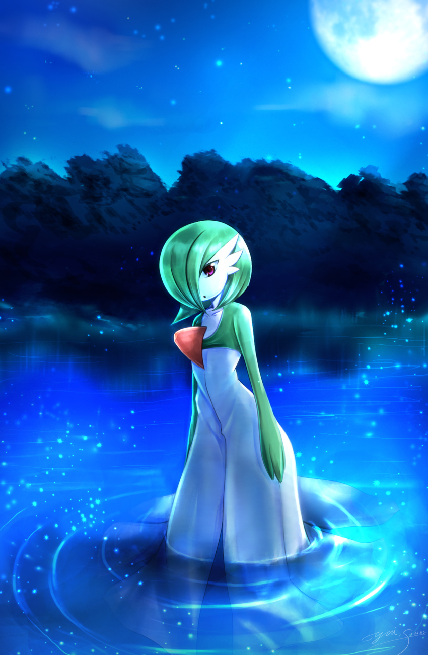 dated full_moon gardevoir gen_3_pokemon highres lake moon night night_sky nintendo one_eye_covered pokemon pokemon_(creature) purple_eyes ripples signature sky solo sparkle wading water yuitsuki1206