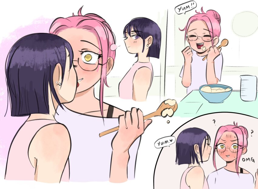 2girls ? alien_stage black_hair blush bob_cut bra_strap brown_shirt commentary earrings full-face_blush glasses hair_bun hashtag-only_commentary heart highres holding holding_spoon icing jewelry licking licking_another&#039;s_face mixing_bowl mizi_(alien_stage) motii multiple_girls pink_hair purple_eyes shirt short_hair short_sleeves sleeveless sleeveless_shirt spoon sua_(alien_stage) white_shirt wooden_spoon yellow_eyes yuri