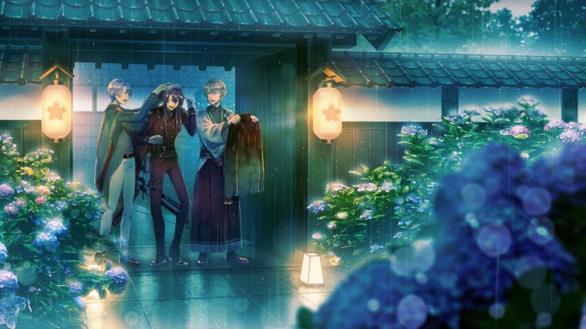 3boys :d ^_^ architecture azuma_hatori belt black_belt black_footwear black_hakama black_jacket black_pants blue_eyes blue_hair blunt_ends blurry book book_holster bush buttons cloak closed_eyes coat collared_shirt dark_blue_hair depth_of_field double-breasted drying drying_hair earrings east_asian_architecture flower full_body gate genzuki_toujirou gloves gradient_clothes gradient_jacket green_cloak green_coat green_jacket grey_hair hair_between_eyes hair_over_one_eye hakama hand_up hands_up haori highres holding holding_unworn_clothes holding_jacket holding_towel holding_unworn_clothes hydrangea jacket japanese_clothes jewelry kaida_haru katana kimono lantern lens_flare long_hair long_sleeves looking_at_another looking_to_the_side male_focus mismatched_earrings multiple_boys nagao_kei nijisanji open_mouth pants pavement ponytail profile purple_eyes purple_flower purple_hair rain red_sash sash sheath sheathed shirt shoes short_hair sidelocks smile standing sword tassel tassel_earrings teeth thigh_strap towel tree unworn_jacket upper_teeth_only valz virtual_youtuber weapon wet wet_clothes wet_hair wet_jacket white_gloves white_kimono white_pants