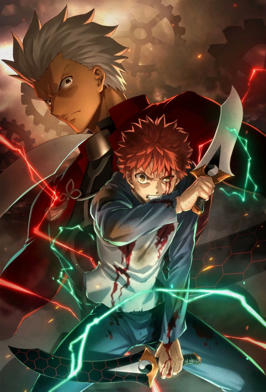 1boy 2boys absurdres archer_(fate) command_spell dark-skinned_male dark_skin emiya_shirou fate/stay_night fate_(series) field_of_blades highres igote kanshou_&amp;_bakuya_(fate) magic_circuit male_focus multiple_boys non-web_source orange_hair raglan_sleeves red_hair sweater_guard two_side_up ufotable unlimited_blade_works_(reality_marble) white_hair