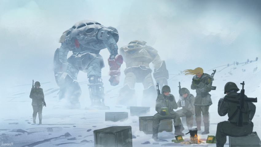 5boys ammunition_box artist_name assault_rifle black_footwear blonde_hair boots cigarette combat_helmet commentary cup eating english_commentary field_ration floating green_jacket green_pants gun gundam gundam_0080 helmet highres holding holding_cup icemarv14 jacket long_hair mecha military_combat_uniform military_uniform mobile_suit mouth_hold multiple_boys outdoors overcast pants rifle robot science_fiction sitting sky smoking snow soldier standing weapon weapon_on_back winter z&#039;gok z&#039;gok-e zeon