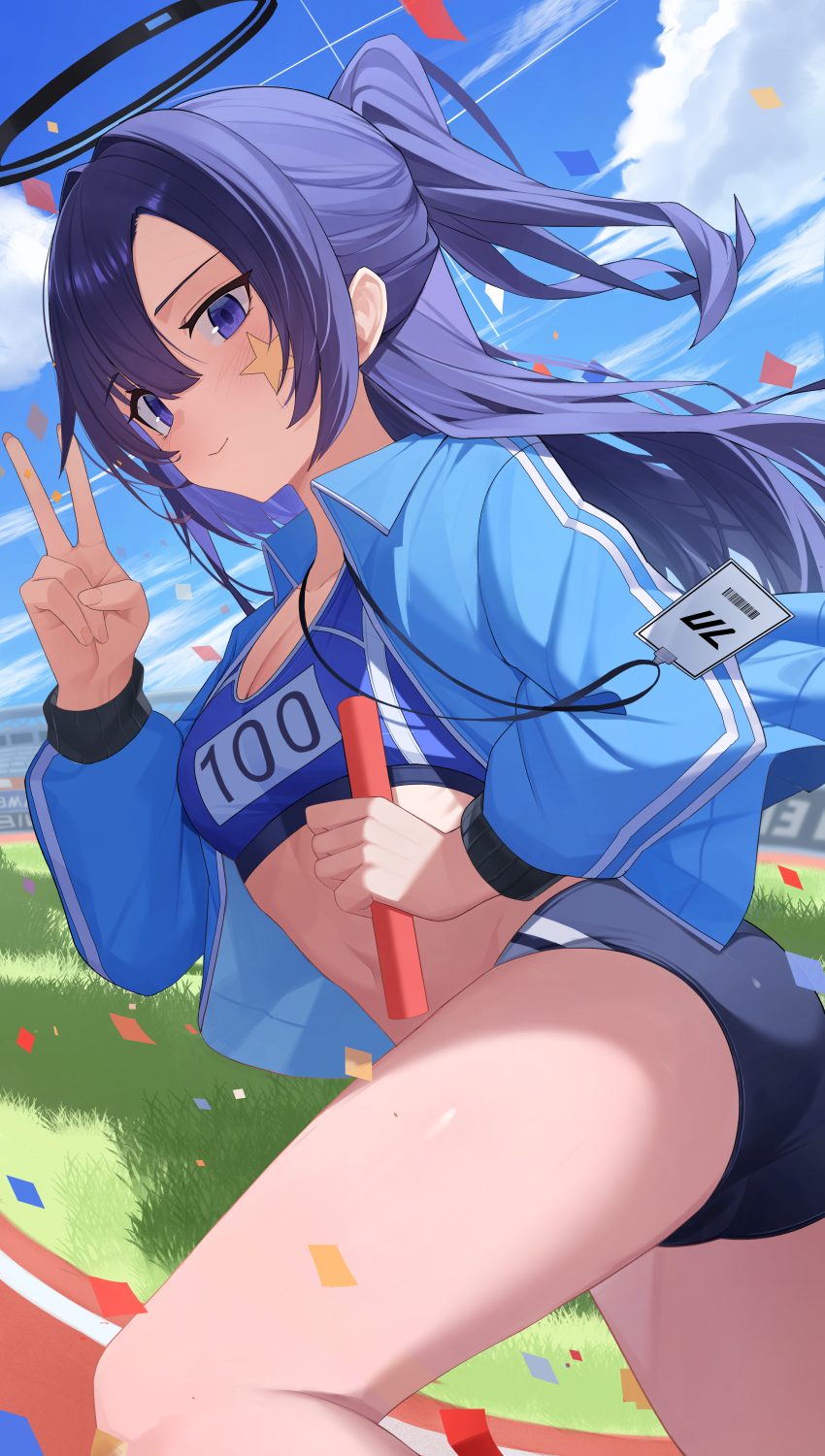 1girl absurdres ass black_buruma blue_archive blue_jacket blue_sports_bra blush breasts buruma cleavage closed_mouth day facial_mark fingernails hair_between_eyes halo highres id_card jacket lanyard long_hair long_sleeves mechanical_halo medium_breasts navel official_alternate_costume open_clothes open_jacket outdoors pang-yo purple_eyes purple_hair smile solo sports_bra star_(symbol) v yuuka_(blue_archive) yuuka_(track)_(blue_archive)