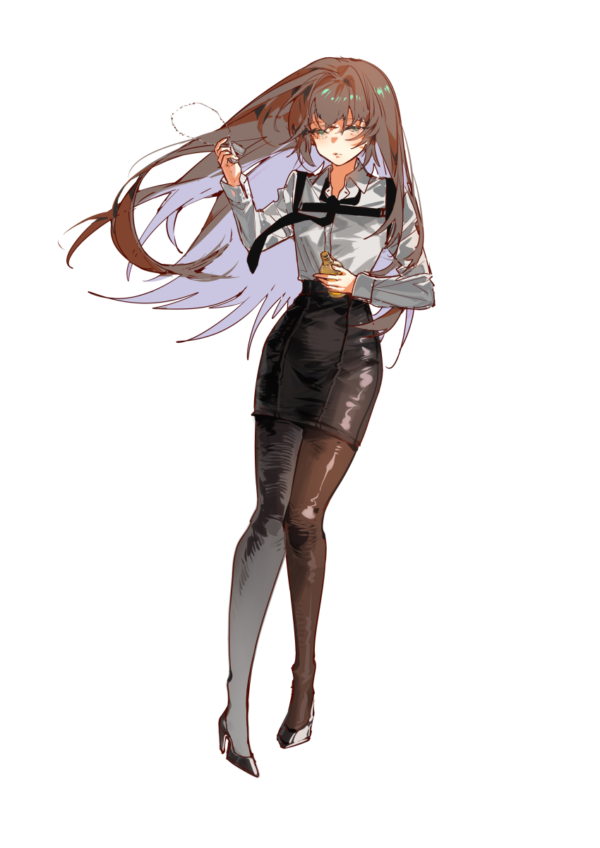 1girl absurdres black_footwear black_necktie black_pantyhose blueblossom bottle brown_hair check_clothing clothing_request collared_shirt colored_inner_hair commentary_request dog_tags female_commander_(girls&#039;_frontline) full_body girls&#039;_frontline green_eyes high_heels highres holding holding_bottle holding_dog_tags long_hair long_sleeves multicolored_hair necktie pantyhose partial_commentary pencil_skirt shirt shirt_tucked_in shoulder_strap simple_background skirt solo very_long_hair white_background white_shirt