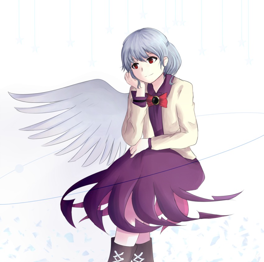 1girl boots bow bowtie dress female_focus head_rest jacket khylimei kishin_sagume lace-up_boots long_sleeves looking_to_the_side open_clothes open_jacket red_eyes short_hair silver_hair single_wing sitting smile solo star_(symbol) touhou white_background wings