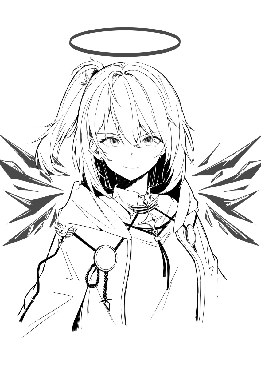 1girl absurdres ahmad_nuryadi arknights closed_mouth commentary cropped_torso detached_wings earrings english_commentary exusiai_(arknights) greyscale hair_between_eyes halo highres jacket jewelry looking_at_viewer medium_hair monochrome simple_background smile solo traditional_halo white_background wings
