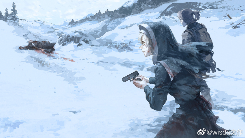 1girl 2boys backpack bag bianca_(npc)_(pgr) bianca_(pgr) black_robe blonde_hair blood blood_on_clothes blood_on_face blood_on_hands blood_on_snow bloody_weapon body_armor brown_bag brown_hair chinese_commentary commentary corpse crying crying_with_eyes_open cuts death finger_on_trigger grass gun gunshot_wound habit hair_between_eyes half_updo handgun highres holding holding_gun holding_weapon injury long_hair medium_hair military_uniform mountain mountainous_horizon multiple_boys official_art official_wallpaper outdoors pine_tree punishing:_gray_raven robe shoulder_pads snow soldier spoilers streaming_tears tears torn_clothes torn_robe torn_veil tree veil watanabe_(pgr) weapon wisda