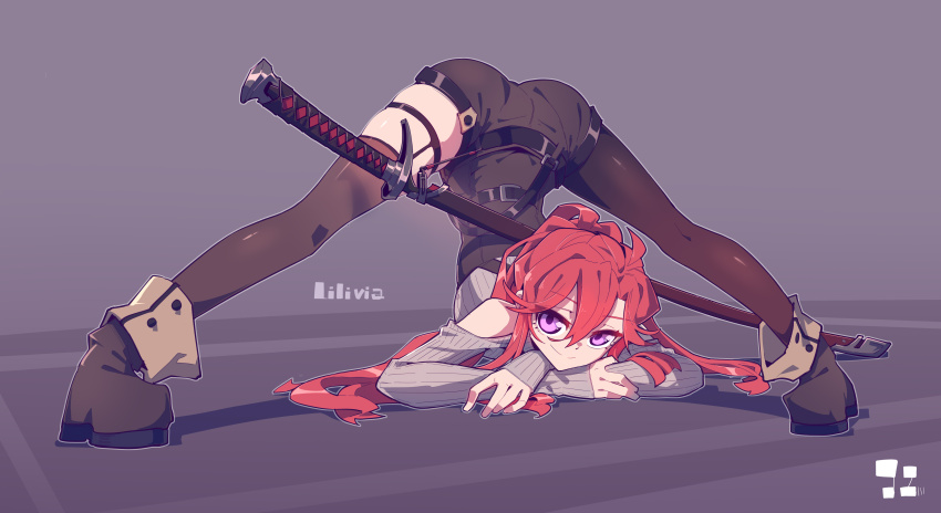 absurdres bare_shoulders belt black_pantyhose black_thighhighs boots breasts clothing_cutout highres imazawa jack-o&#039;_challenge looking_at_viewer original pantyhose pink_eyes red_hair shorts shoulder_cutout single_leg_pantyhose single_thighhigh skindentation small_breasts smile sweater sword sword_on_back thigh_strap thighhighs weapon weapon_on_back zettai_ryouiki