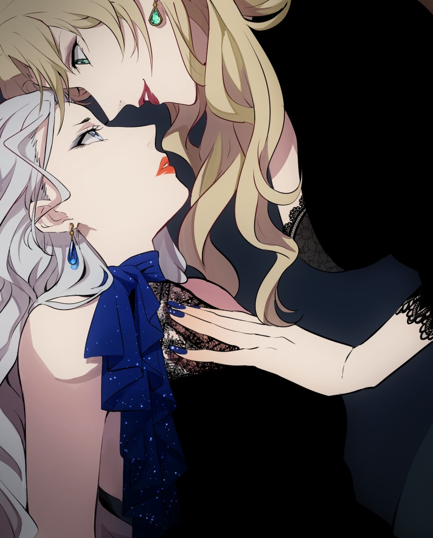 2girls bad_id bad_pixiv_id bare_shoulders blonde_hair blue_eyes blue_nails breasts curacao curacao_(meitantei_conan) earrings eye_contact formal_clothes from_side hand_on_another&#039;s_chest highres jewelry lace lace-trimmed_sleeves lace_trim long_hair looking_at_another looking_down looking_up makeup meitantei_conan multiple_girls nail_polish parted_lips profile red_lips grey_eyes silver_hair sleeveless upper_body vermouth_(meitantei_conan) wavy_hair yukin_(es) yuri