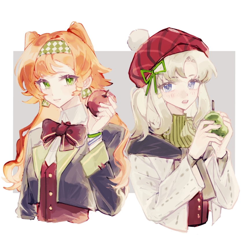 2girls absurdres apple beanie blue_eyes blue_jacket bow bowtie checkered_hairband collared_shirt cropped_torso food fruit green_eyes green_hairband green_ribbon grey_background grey_hair hair_ribbon hairband hand_up hands_up hat highres holding holding_food holding_fruit jacket long_hair long_sleeves looking_at_viewer matilda_bouanich medium_hair multiple_girls one_side_up orange_hair pom_pom_(clothes) pom_pom_beanie red_bow red_bowtie red_hat red_vest reverse:1999 ribbon sangyu-feiwan shirt smile sonetto_(reverse:1999) two-tone_background two_side_up upper_body vest waistcoat white_background white_jacket white_shirt