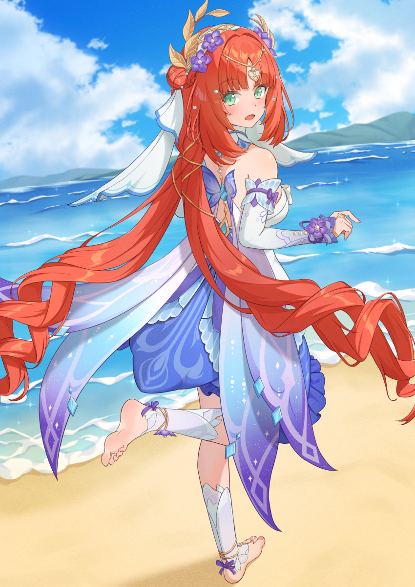 1girl aqua_dress bare_shoulders barefoot beach blue_sky blush braid breasts cloud detached_sleeves dress flower genshin_impact green_eyes hair_bun hair_flower hair_ornament highres jinyc_yilan large_breasts long_hair long_sleeves looking_at_viewer looking_back nilou_(breeze_of_sabaa)_(genshin_impact) nilou_(genshin_impact) official_alternate_costume official_alternate_hairstyle open_mouth red_hair sky smile solo strapless strapless_dress twintails very_long_hair