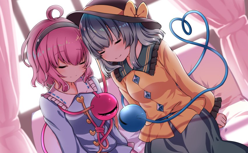 2girls absurdres ahoge black_hairband black_headwear blue_shirt bow closed_eyes closed_mouth curtains facing_viewer green_hair green_skirt hairband hat hat_bow heart heart_of_string highres indoors komeiji_koishi komeiji_satori long_sleeves multiple_girls pink_hair rapameri satokoi_day shirt short_hair siblings sidelocks sisters sitting skirt split_mouth third_eye touhou window yellow_bow yellow_shirt