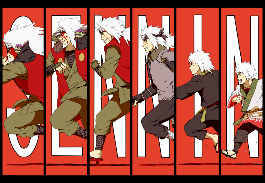 1boy face_piercing facepaint facial_hair fishnets frog goatee headband japanese_clothes jiraiya_(naruto) kalk0011 long_hair male_focus naruto_(series) ninja open_mouth piercing running sandals vest white_hair