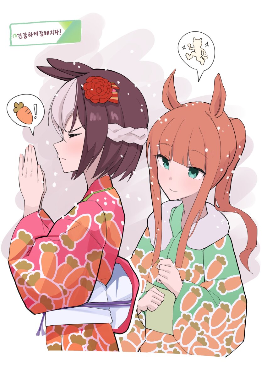 2girls absurdres animal_ears blunt_bangs braid brown_hair carrot carrot_print ch2haya_p closed_eyes closed_mouth cropped_torso flower food_print from_side green_eyes green_kimono hair_flower hair_ornament half_up_braid hands_up highres horse_ears horse_girl image_in_speech_bubble japanese_clothes kimono korean_text light_smile long_sleeves looking_at_another multicolored_hair multiple_girls palms_together pink_kimono ponytail praying print_kimono profile red_flower short_hair silence_suzuka_(umamusume) snowing special_week_(umamusume) speech_bubble translation_request two-tone_hair umamusume upper_body white_hair wide_sleeves