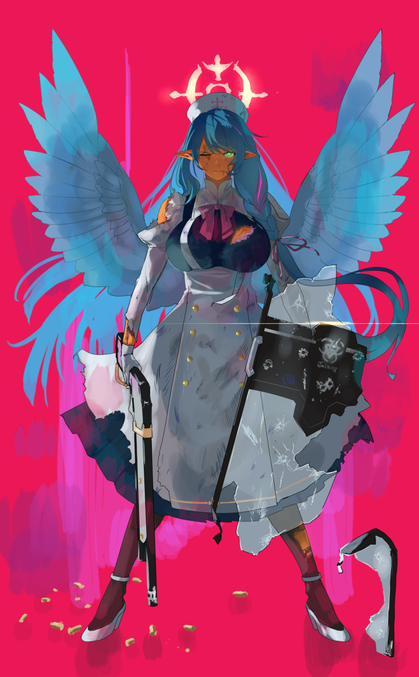 1girl black_pantyhose blue_archive blue_hair blue_wings braid breasts broken_shield dress exocet_(exocet4) glowing glowing_eye green_eyes gun halo hat highres holding holding_gun holding_shield holding_weapon injury juliet_sleeves large_breasts long_hair long_sleeves mine_(blue_archive) nurse_cap pantyhose pointy_ears puffy_sleeves red_background riot_shield shield shotgun shotgun_shell torn_clothes torn_pantyhose weapon white_dress wings yellow_halo