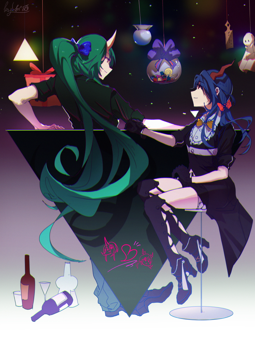 2girls absurdres alternate_costume alternate_eye_color alternate_hairstyle arknights blue_hair blue_ribbon bottle box ch&#039;en_(arknights) check_commentary cocktail_glass commentary commentary_request cup dress drinking_glass food gift gift_box gloves green_hair hako_(misheyes) high_heels highres horns hoshiguma_(arknights) looking_at_another multiple_girls pants ponytail red_eyes red_ribbon ribbon shin_guards shoes sitting skin-covered_horns sleeves_rolled_up smile standing string sweets teruterubouzu