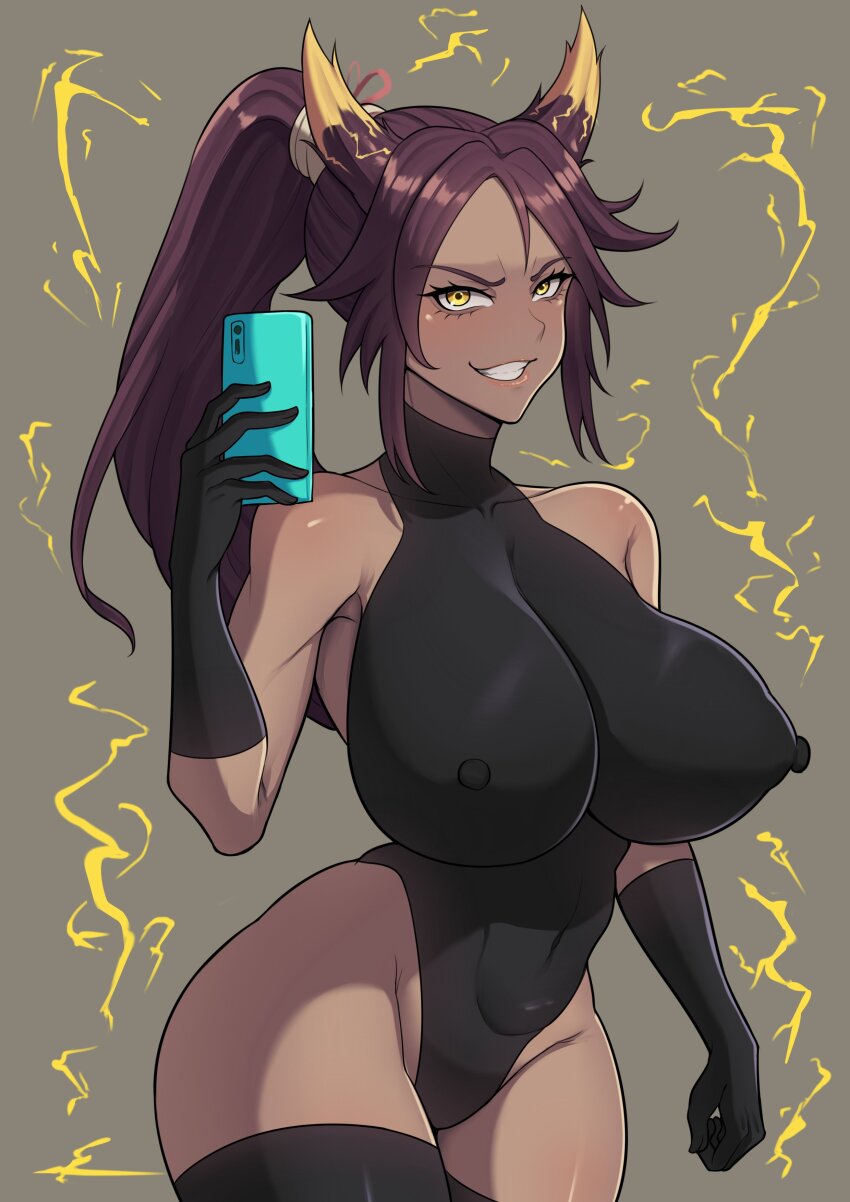 1girl absurdres alternate_costume band-width bare_shoulders black_gloves black_leotard black_thighhighs bleach breasts commission covered_collarbone covered_erect_nipples covered_navel cowboy_shot curvy dark-skinned_female dark_skin elbow_gloves electricity female_focus gloves high_ponytail highleg highleg_leotard highres holding holding_phone horns huge_breasts impossible_clothes leotard long_hair official_alternate_costume phone ponytail purple_hair selfie shihouin_yoruichi shiny_skin sleeveless_turtleneck_leotard solo teeth thighhighs thong_leotard yellow_eyes