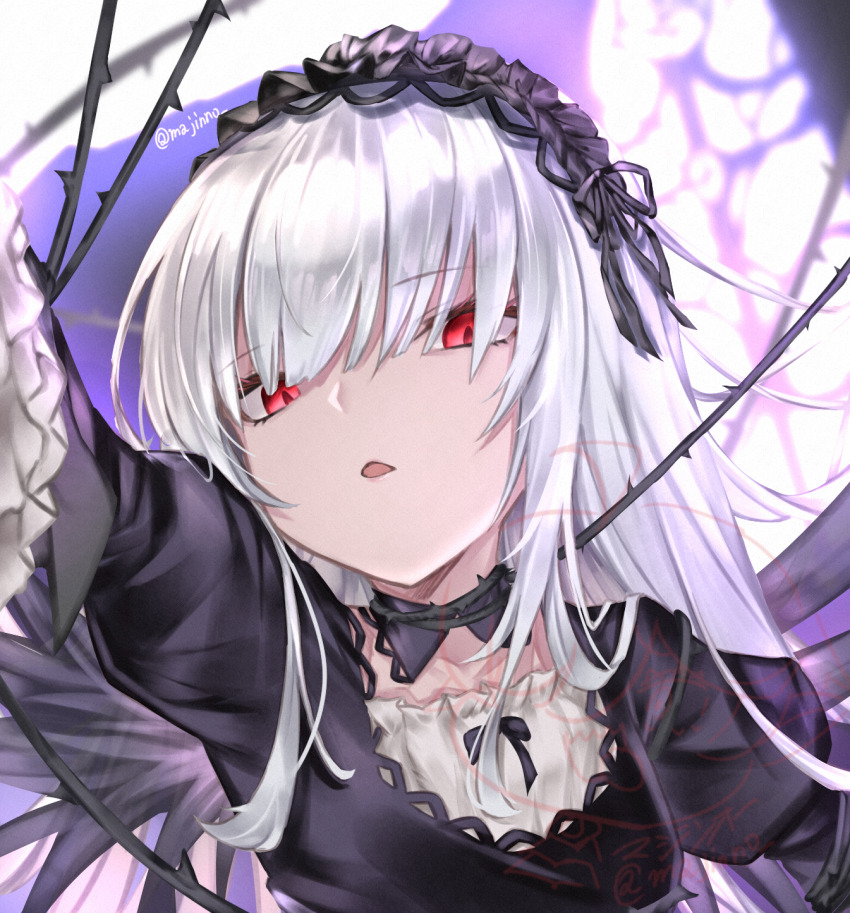 1girl :o black_dress dress hairband highres lolita_fashion looking_at_viewer majinno portrait red_eyes rozen_maiden solo suigintou white_hair