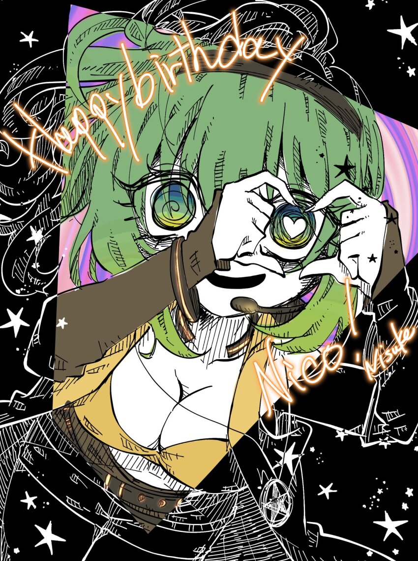 1girl artist_name bare_shoulders belt bracelet breasts brown_shorts cleavage coat commentary detached_sleeves english_commentary english_text from_above green_eyes green_hair happy_birthday hatching_(texture) headphones heart heart-shaped_pupils heart_hands heart_hands_over_eye highres jewelry large_breasts long_hair looking_at_viewer necklace open_clothes open_coat open_mouth ponytail sekai_yusuke shorts smile solo sonika star_(symbol) star_necklace symbol-shaped_pupils upper_body vocaloid yellow_coat