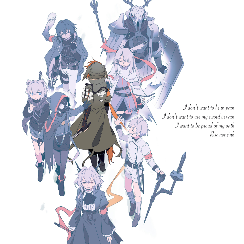 4boys 4girls absurdres animal_ears arknights ascot bear_ears belt black_ascot black_boots black_dress black_gloves black_hair black_jacket black_pantyhose black_scarf black_shirt black_shorts black_thighhighs blunt_bangs boots brown_coat cape chinese_commentary closed_eyes coat commentary_request crownslayer_(arknights) dopperu_ben dragon_horns dress elbow_gloves english_text faust_(arknights) fingerless_gloves floppy_ears frilled_ascot frilled_dress frills frostnova_(arknights) gas_mask gloves grey_dress grey_hair gun hair_over_one_eye handgun highres holding holding_gun holding_shield holding_staff holding_weapon hood hooded_cape horns hyena_ears hyena_girl hyena_tail jacket jacket_on_shoulders juliet_sleeves juxtaposition loafers long_hair long_sleeves mask mephisto_(arknights) misha_(arknights) multiple_boys multiple_girls pants pantyhose patriot_(arknights) puffy_sleeves red_hair revision rifle scar scar_on_face scar_on_nose scarf shield shirt shoes short_hair short_hair_with_long_locks shorts sidelocks skullshatterer_(arknights) smile sniper_rifle staff sword talulah_(arknights) thigh_boots thighhighs walking weapon white_background white_boots white_cape white_hair white_jacket white_pants white_shorts