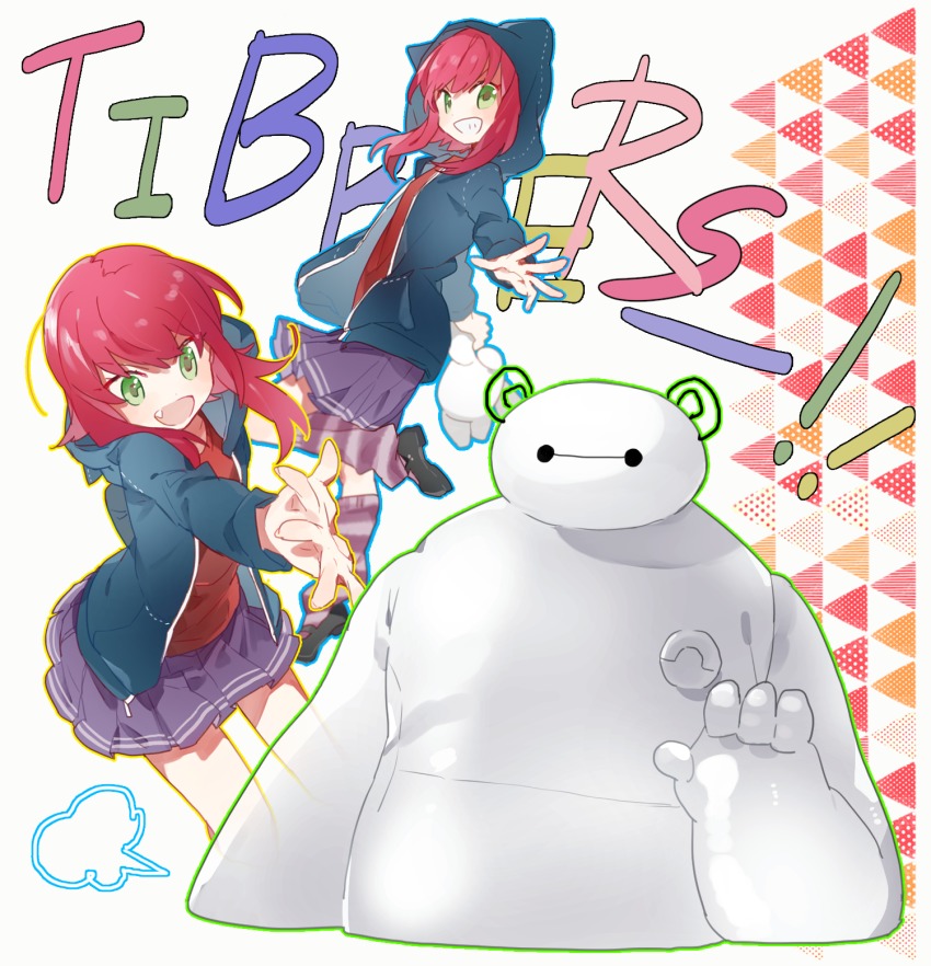 1girl animal_ears annie_(league_of_legends) baymax baymax_(cosplay) big_hero_6 cosplay crossover disney es_(esscarlet) green_eyes highres hiro_hamada hiro_hamada_(cosplay) hood hoodie league_of_legends pink_hair red_hair riot_games tibbers