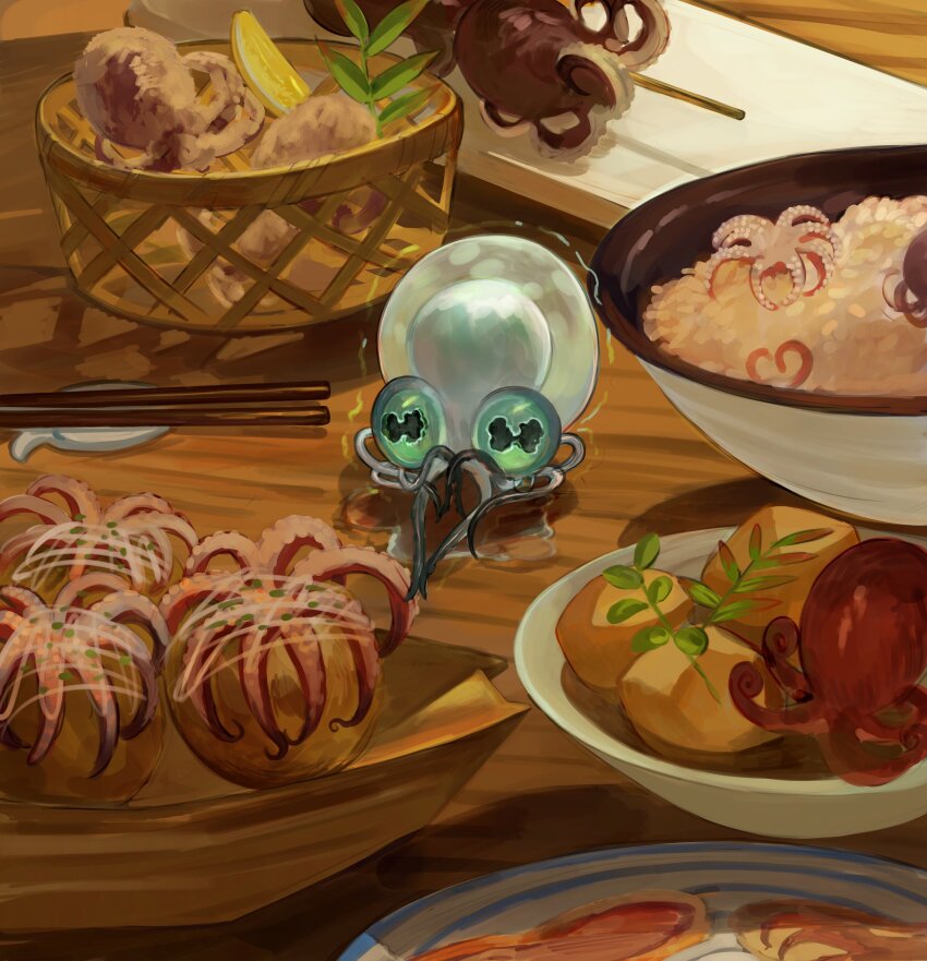 absurdres bowl cephalopod_eyes chopsticks commentary_request food green_eyes highres indoors nintendo octopus rice scared smollusk_(splatoon) splatoon_(series) splatoon_3 splatoon_3:_side_order takoyaki tentacles trembling yomotobi