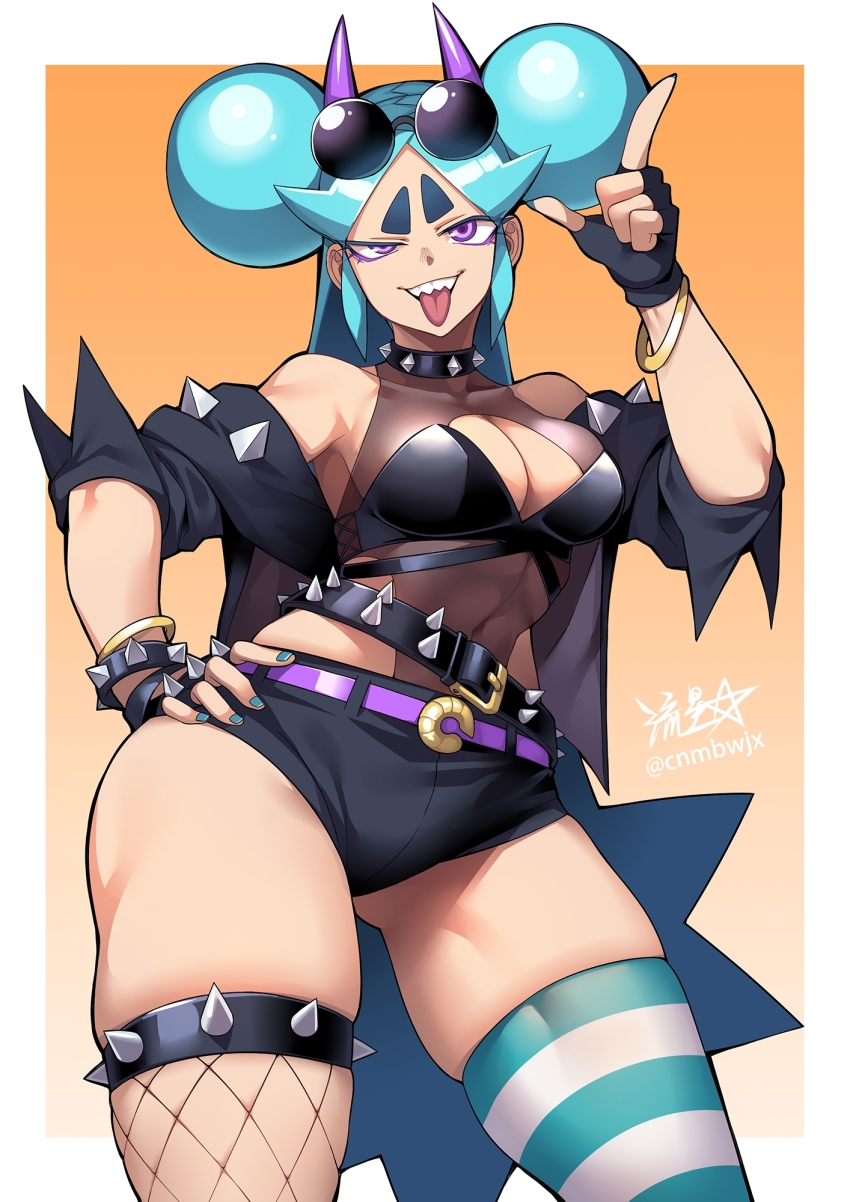 1girl belt black_gloves black_hairband black_jacket blue_hair blue_nails bracelet breasts cleavage collar commentary covered_navel double_bun evil_grin evil_smile fingerless_gloves fishnets from_below gloves gluteal_fold grin hair_bun hairband hand_on_own_hip highleg highres horns jacket jewelry large_breasts leotard long_hair multiple_belts original purple_eyes purple_horns ryuusei_(mark_ii) shaded_face sharp_teeth shoulder_spikes shrimball_(ryuusei_(mark_ii)) signature smile solo spiked_collar spikes strapless strapless_leotard striped_clothes striped_thighhighs teeth thick_eyebrows thigh_strap thighhighs thighs tongue tongue_out twitter_username very_long_hair