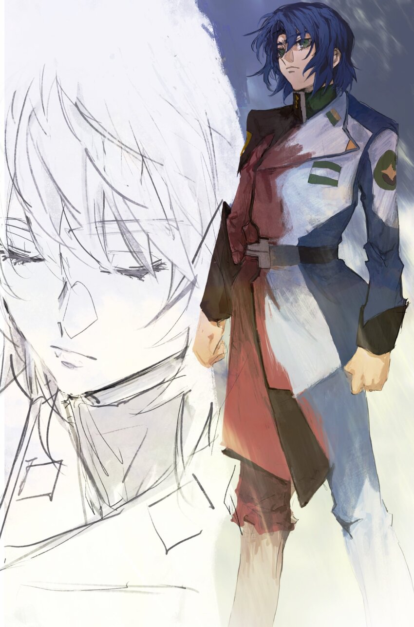 1boy 1girl athrun_zala blue_hair cagalli_yula_athha closed_eyes green_eyes gundam gundam_seed gundam_seed_destiny gundam_seed_freedom high_collar highres jacket military_jacket military_uniform pants red_uniform she_(morianosu) short_hair simple_background sketch white_background white_jacket white_uniform zaft_uniform