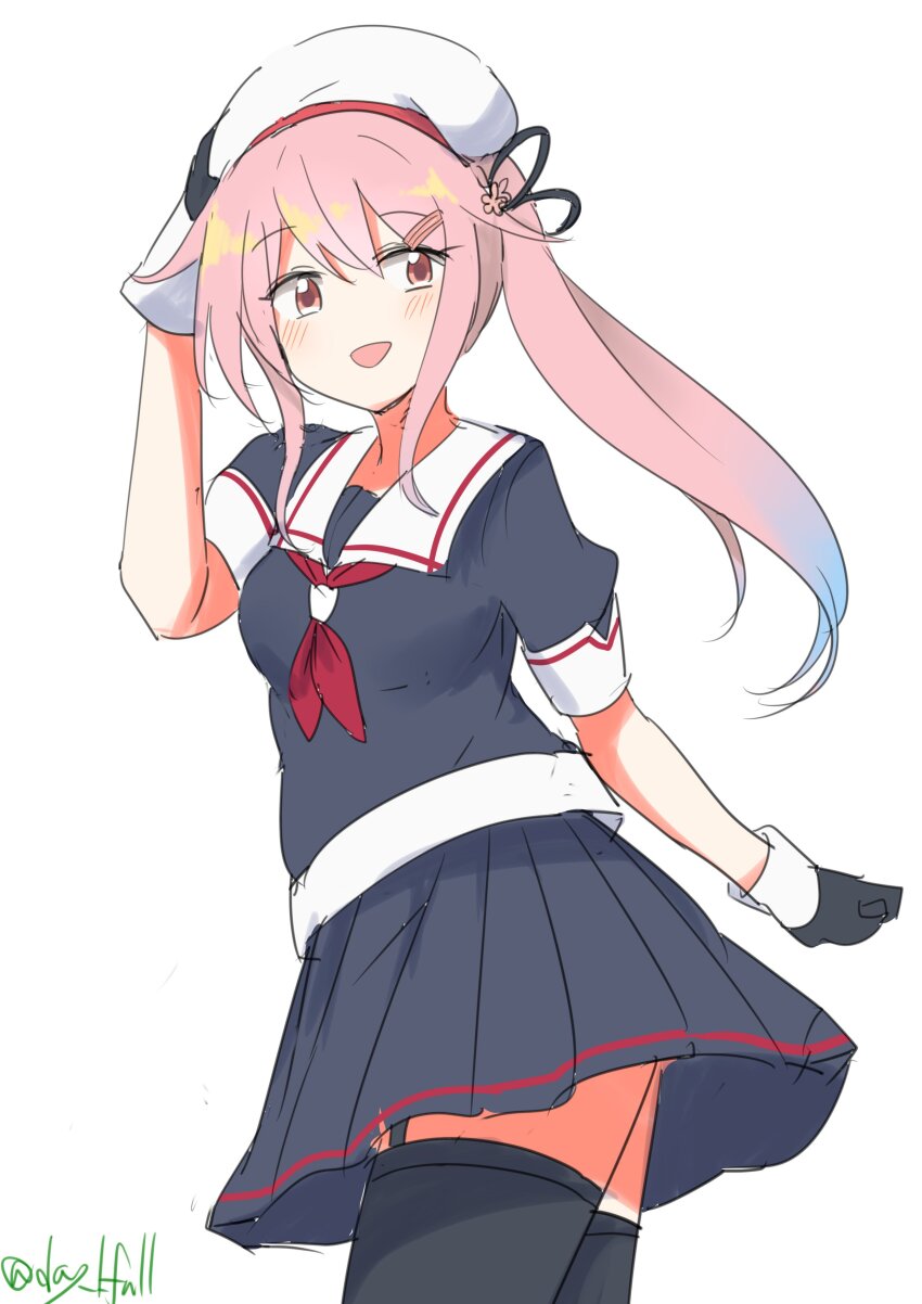 1girl absurdres beret black_gloves black_serafuku black_shirt black_skirt black_thighhighs blue_hair garter_straps gloves gradient_hair hair_flaps harusame_(kancolle) harusame_kai_ni_(kancolle) hat highres kantai_collection long_hair multicolored_hair neckerchief one-hour_drawing_challenge pink_hair pleated_skirt red_eyes red_neckerchief robinson_(day_l_full) sailor_collar sailor_shirt school_uniform serafuku shirt side_ponytail simple_background single_garter_strap skirt solo thighhighs white_background white_hat white_sailor_collar