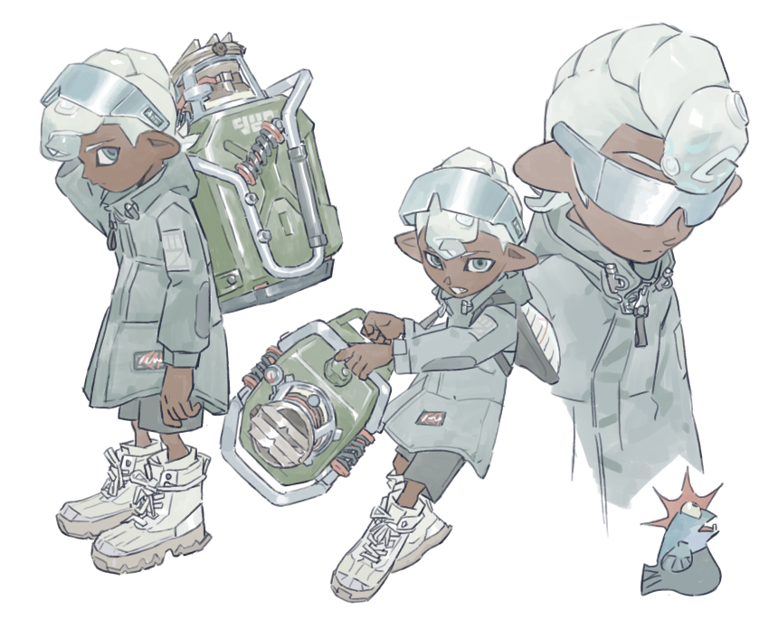 1boy blue_eyes chenrong96 closed_mouth dark-skinned_male dark_skin explosher_(splatoon) eyewear_on_head grey_footwear grey_hair highres holding hood hood_down long_sleeves looking_at_viewer male_focus multiple_views nintendo octoling_boy octoling_player_character open_mouth pointy_ears shoes short_hair shorts simple_background smallfry_(splatoon) sneakers splatoon_(series) split_mouth standing weapon white_background