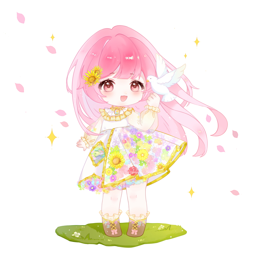 1girl absurdres bird bird_on_hand blunt_bangs boots bow brown_boots chibi chinese_commentary collared_shirt commentary_request diamond_(shape) dove eyelashes floating_clothes floating_hair floral_print flower footwear_bow frilled_shirt_collar frilled_sleeves frilled_socks frills hair_flower hair_ornament happy high-waist_skirt highres knees lace-up light_blush long_hair long_sleeves looking_at_animal medium_skirt nikki_(nikki) nikki_(series) on_grass open_mouth petals pink_bow pink_eyes pink_hair puffy_long_sleeves puffy_sleeves see-through_clothes see-through_sleeves shining_nikki shirt simple_background skirt smile socks solo sparkle standing sunflower tareme very_long_hair white_background white_shirt white_skirt wind yellow_flower yellow_sleeves yellow_socks yuechuan_lingling