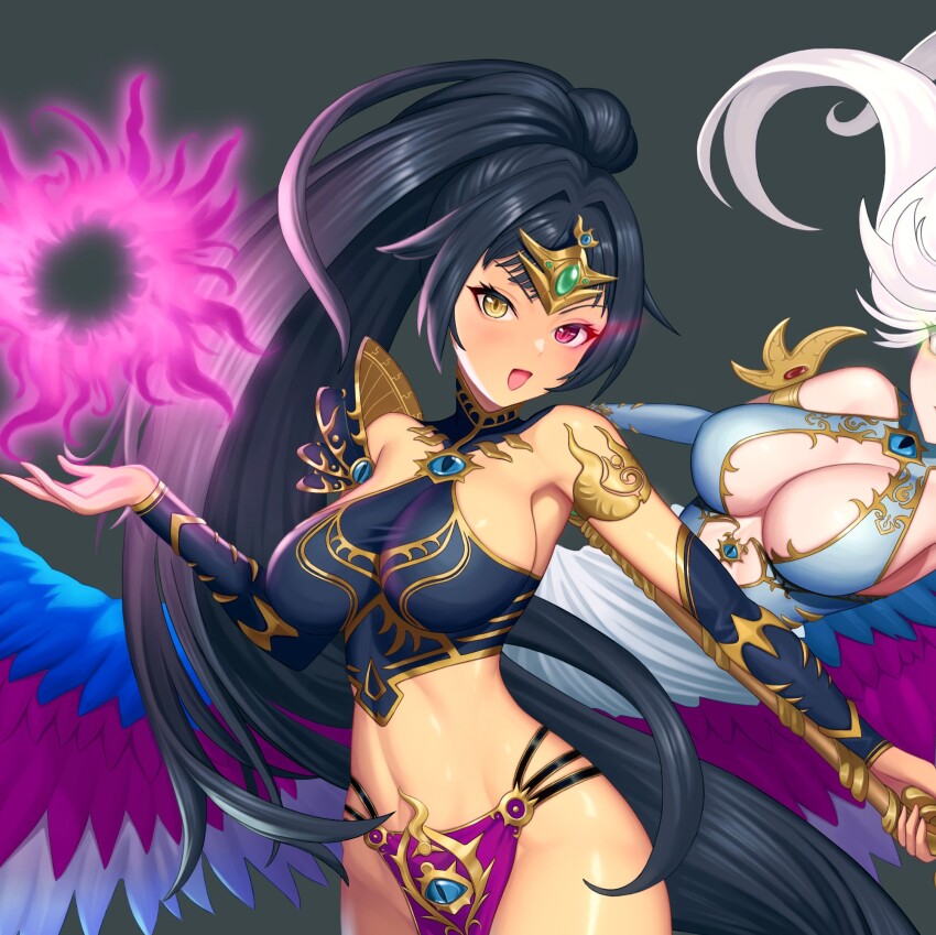 2girls black_hair breasts commentary_request cowboy_shot crop_top highres kairos_fateweaver large_breasts loincloth long_hair looking_at_viewer midriff multiple_girls navel personification ponytail purple_eyes rakuri_(rwrn5475) sleeveless stomach total_war total_war:_warhammer_3 very_long_hair warhammer_40k yellow_eyes